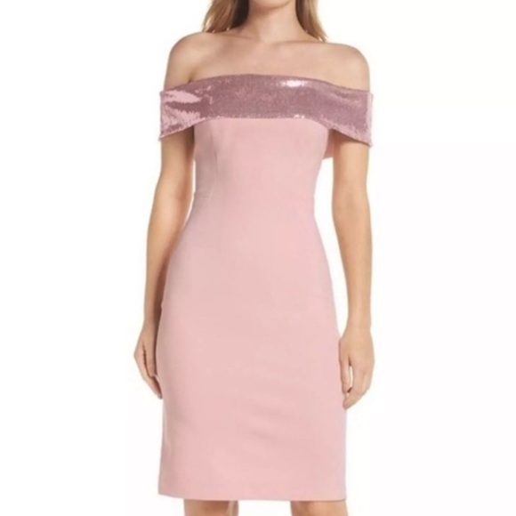 Eliza J Strapless Pink Sequin Off Shoulder Sheath Sparkle Dress - Picture 1 of 11